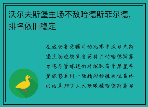 沃尔夫斯堡主场不敌哈德斯菲尔德，排名依旧稳定